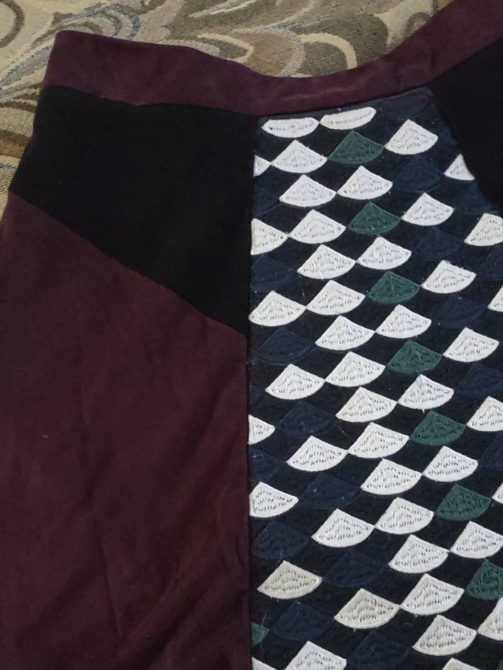 A Line Skirt, Maroon with black at hips and patterned inset. Small.